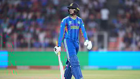 India's Abhishek Sharma reacts as he leaves the ground after losing his wicket to Netherlands' Aryan Dutt during the T20 World Cup cricket match between India and Netherlands in Ahmedabad, India, Wednesday, Feb. 18, 2026.