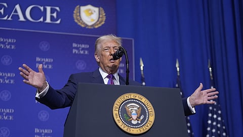 US President Donald Trump speaks during a Board of Peace meeting at the US Institute of Peace, Thursday, Feb. 19, 2026, in Washington.