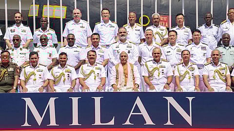 Defence Minister Rajnath Singh with heads of world navies at the inauguration of MILAN 2026 in Visakhapatnam on Thursday.