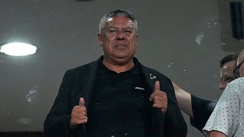 Claudio Tapia, president of Argentina's Soccer Association attends the Recopa Sudamericana first leg soccer match between Argentina's Lanus and Brazil's Flamengo in Buenos Aires, Argentina, Thursday, Feb. 19, 2026.