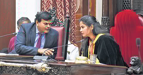 Mayor R Priya and Corporation Commissioner Kumaragurubaran during the debate on the budget at the Rippon building on Friday.