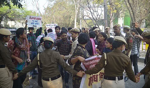 Students protesting in Delhi University as University ban on demonstrations, and protests on campus for a month, New Delhi on Thursday.