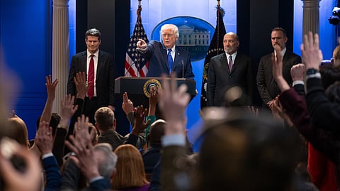 President Donald Trump speaks during a press briefing at the White House, Friday, Feb. 20, 2026, in Washington.