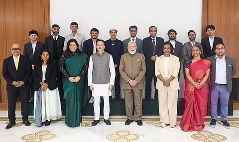 Prime Minister Narendra Modi along with CEOs of AI and deeptech StartUps at Seva Teerth.