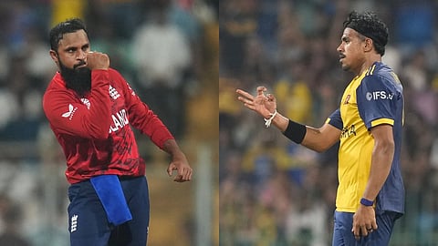 England's Adil Rashid (L) & Sri Lankan off-spinner Maheesh Theekshana