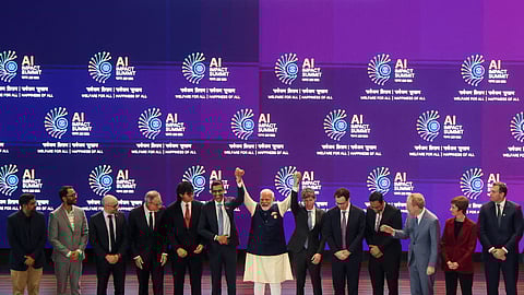 Modi's photo with leading tech business figures, 13 men were present and only one woman—Joelle Pineau (second last from his left), a former Meta researcher who is now chief AI officer at Cohere.