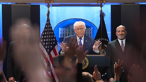 US President Donald Trump speaks during a press briefing at the White House, Friday, Feb. 20, 2026, in Washington.