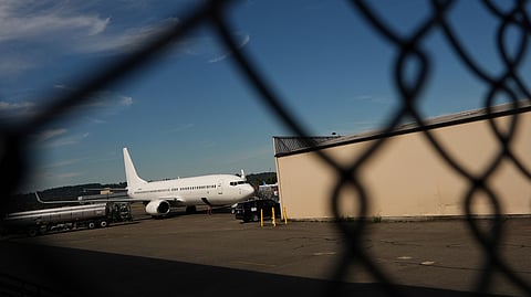 A US Immigration and Customs Enforcement flight operates out of King County International Airport-Boeing Field, Aug. 23, 2025, in Seattle.