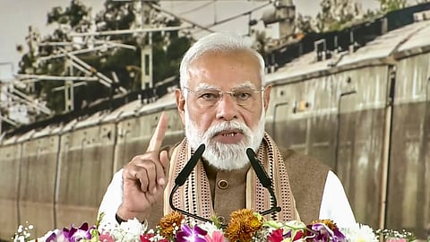 Prime Minister Narendra Modi addresses the gathering during the inauguration of various development projects in Meerut, on Feb. 22, 2026.