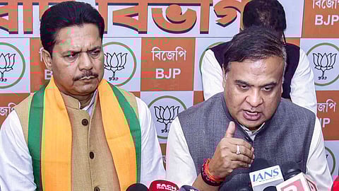 : Assam Chief Minister Himanta Biswa Sarma addresses a press conference after former state Congress President Bhupen Borah joined Bharatiya Janata Party (BJP), in Guwahati, Sunday, Feb. 22, 2026