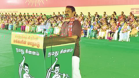 Naam Tamilar Katchi chief Seeman addressing workers during the party’s state conference at Alampatti Pudur near Tiruchy on Saturday.