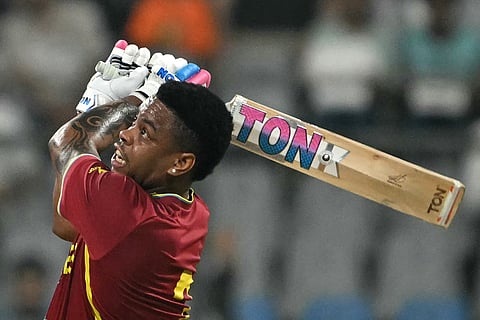 West Indies' Shimron Hetmyer plays a shot during the 2026 ICC Men's T20 Cricket World Cup Super Eights match between West Indies and Zimbabwe at the Wankhede Stadium in Mumbai.