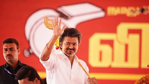 Tamilaga Vettri Kazhagam (TVK) chief Vijay at a party meeting in Vellore.