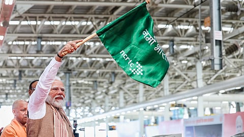 , Prime Minister Narendra Modi flags off the Meerut Metro and Namo Bharat train at a ceremonial launch at Shatabdi Nagar Namo Bharat Station, in Meerut.