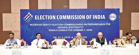 A high-level delegation from the Election Commission of India conducting a review of the state's preparedness for the upcoming assembly elections on Monday