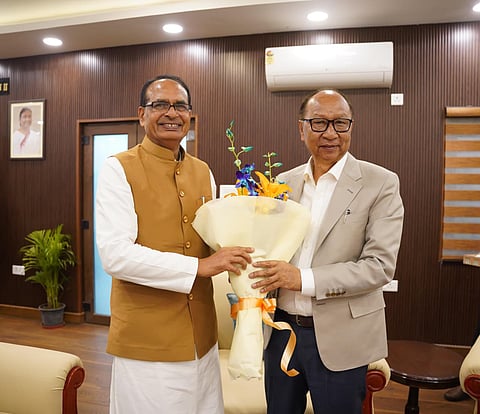 Union minister Shivraj Singh Chouhan (left) with Manipur chief minister Yumnam Khemchand Singh in New Delhi on Monday, February 23, 2026.