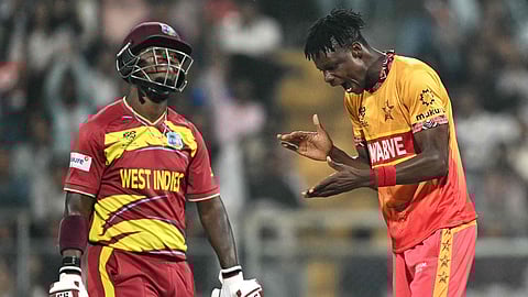 Blessing Muzarabani celebrates a West Indian wicket