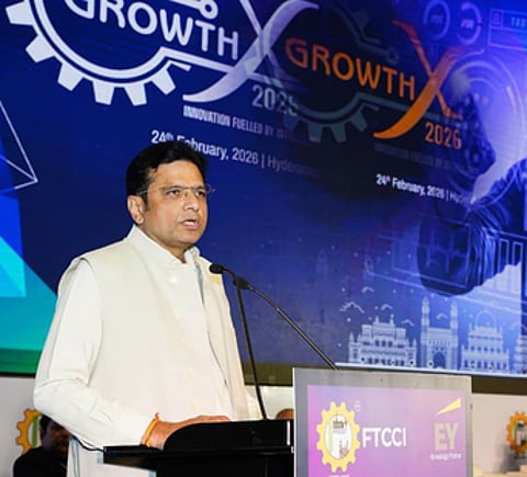 IT and Industries Minister D Sridhar Babu speaks after inaugurating the Growth X 2026 conference organised by the Federation of Telangana Chambers