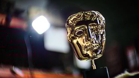 A completed British Academy Film Awards mask sits on a workbench at the FSE Foundry in Braintree, England on Tuesday, Feb. 10, 2026.