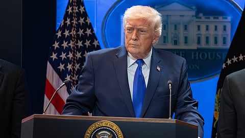 President Donald Trump speaks during a press briefing at the White House, Friday, Feb. 20, 2026, in Washington.