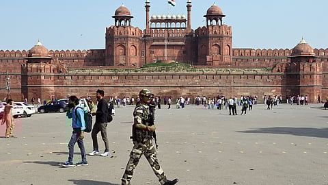CISF personnel stand guard near the Red Fort following a bomb threat email targeting the monument along with the Delhi Assembly and some schools, in New Delhi, Monday, Feb. 23, 2026.