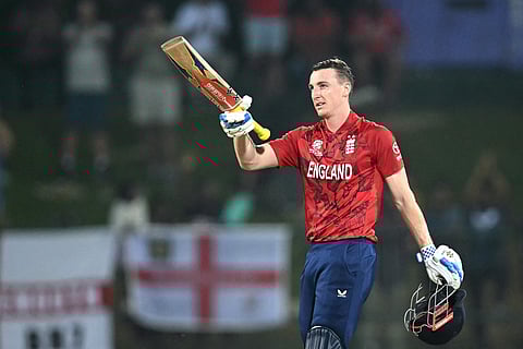 England captain Harry Brook celebrates his century during the 2026 ICC Men's T20 Cricket World Cup Super Eights match between England and Pakistan at the Pallekele International Cricket Stadium in Kandy.