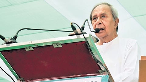 BJD president and leader of Opposition Naveen Patnaik speaks at the rally