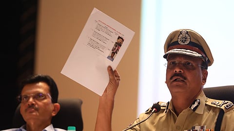 DGP B Shivadhar Reddy addresses the media at ICCC in Hyderabad as top maoists join the mainstream on Tuesday.