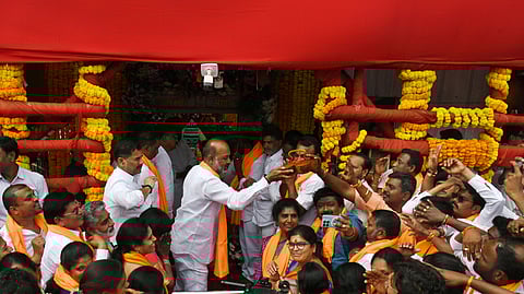 Minister of State for Home Affairs Bandi Sanjay visits Bhagyalakshmi temple in Old City along with elected municipal corporators on Tuesday