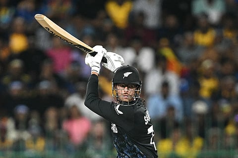 New Zealand captain Mitchell Santner plays a shot during the 2026 ICC Men's T20 Cricket World Cup Super Eights match between Sri Lanka and New Zealand at the R Premadasa Stadium in Colombo.