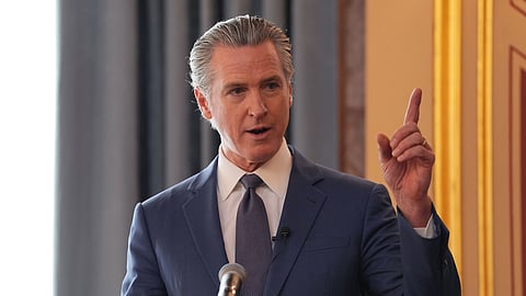 California Governor Gavin Newsom speaks at an event at the UK government's Foreign Office in London on Monday, Feb. 16, 2026.