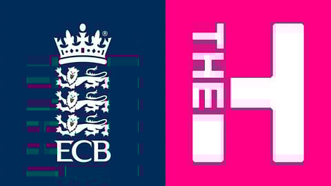 The England and Wales Cricket Board logo (L) and The Hundred logo