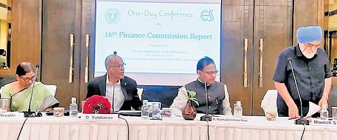 Montek Singh Ahluwalia at a conference in Hyderabad on Wednesday. Chief Secretary K Ramakrishna Rao and former RBI governor D Subba Rao are also seen.