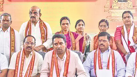 NTR Collector G Lakshmisha, MP Kesineni Sivanath, CP SV Rajashekar Babu, Durga temple chairman Borra Gandhi and EO Seena Naik during a press conference on Kumbhabhishekam