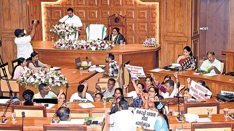 LDF councillors interrupt the speech of Deputy Mayor Deepak Joy as they protest at the council alleging leak of budget details on Tuesday.