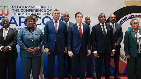 U.S. Secretary of State Marco Rubio, center front in red tie, poses for a group photo with other government officials attending the Caribbean Community (CARICOM) meeting in Basseterre, Saint Kitts and Nevis, Wednesday, Feb. 25, 2026.