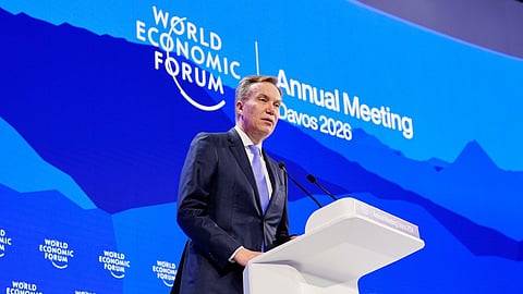 CEO of the World Economic Forum Borge Brende talks during of the Annual Meeting of the World Economic Forum in Davos, Switzerland, Tuesday, Jan. 20, 2026.
