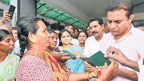 BRS working president KT Rama Rao with local residents at Velugumatla