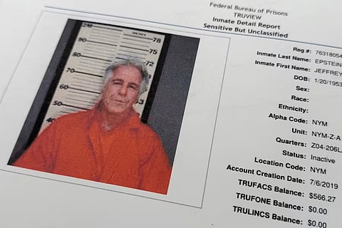 A document that was included in the U.S. Department of Justice release of the Jeffrey Epstein files, photographed Tuesday, Feb. 10, 2026, shows a photo of Epstein on a inmate report from the Federal Bureau of Prisons .