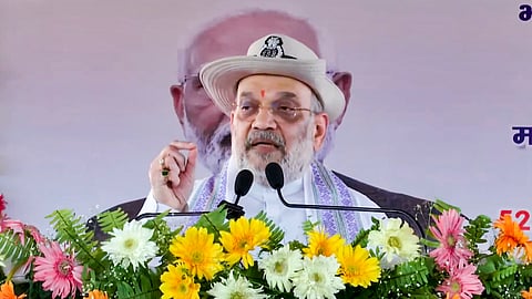 Union Home Minister Amit Shah addresses a gathering during the inauguration of Border Out Posts 'Leti' and 'Indarwa' and e-unveiling and e-foundation laying of various works of the Sashastra Seema Bal (SSB), in Araria, Bihar.