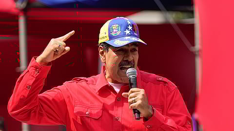 Venezuela's President Nicolas Maduro speaks to supporters during an event at the Miraflores Presidential Palace in Caracas, Venezuela, Feb. 4, 2024.