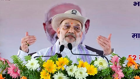 Union Home Minister Amit Shah addresses a gathering during the inauguration of Border Out Posts 'Leti' and 'Indarwa' and e-unveiling and e-foundation laying of various works of the Sashastra Seema Bal (SSB), in Araria, Bihar.