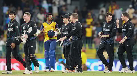 New Zealand's players celebrate and walk of the field after winning the T20 World Cup cricket match between Sri Lanka and New Zealand in Colombo, Sri Lanka, Wednesday, Feb. 25, 2026.