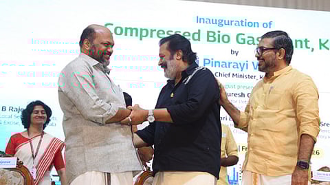 Union Minister Suresh Gopi sharing a light moment with Kerala state Industries Minister P Rajeev and Minister for Local Self Governments MB Rajesh