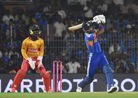 Hardik Pandya (R) in action against Zimbabwe on Thursday