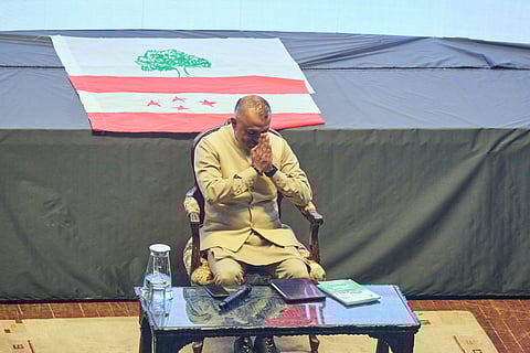 Gagan Thapa, president of Nepali congress party greets supporters during an election campaign in Kathmandu, Nepal, Feb. 19, 2026.