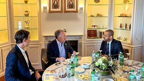 Oman's Minister of Foreign Affairs Sayyid Badr bin Hamad Al Busaidi, right, holds a meeting with White House special envoy Steve Witkoff, center, and Jared Kushner, as part of the ongoing Iranian-American negotiations, in Geneva, Thursday Feb. 26, 2026.
