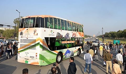 Switch Mobility's electric double decker bus runs after the launch by Delhi Chief Minister Rekha Gupta in New Delhi on Friday. Express photo by She