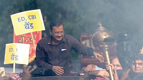 AAP national convener Arvind Kejriwal during a roadshow after he and party leader Manish Sisodia were discharged by a Delhi court in the excise policy case.