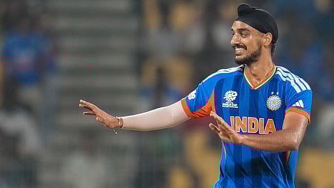 India's Arshdeep Singh reacts during an ICC Men's T20 World Cup 2026 cricket match between India and Zimbabwe, at the MA Chidambaram Stadium, in Chennai, Thursday, Feb. 26, 2026.